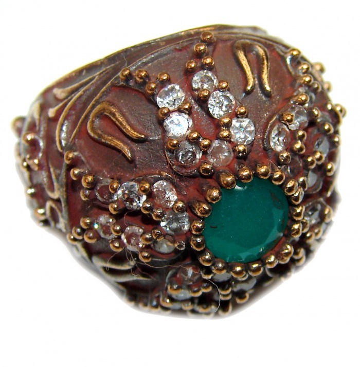Victorian Style created Emerald & White Topaz Copper over Sterling Silver ring; s. 6