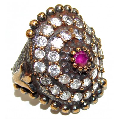 Victorian Style created Ruby & White Topaz Copper over Sterling Silver ring; s. 6 1/2