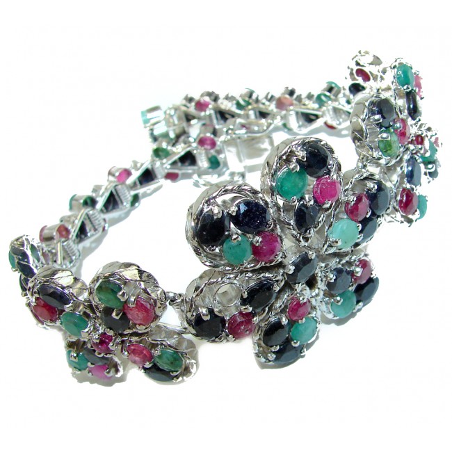 Luxury Authentic Ruby Emerald Sapphire .925 Sterling Silver handmade Large Bracelet
