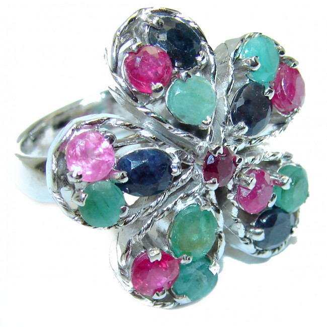 Green Flower Genuine Ruby Emerald Sapphire .925 Sterling Silver handmade Cocktail Ring s. 7 1/2