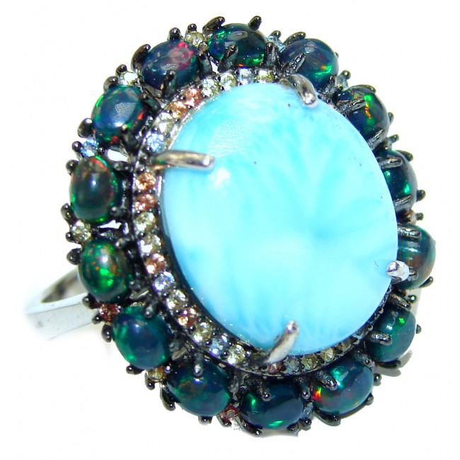 Natural Larimar Black Opal 14K White Gold over .925 Sterling Silver handcrafted Ring s. 7 1/4