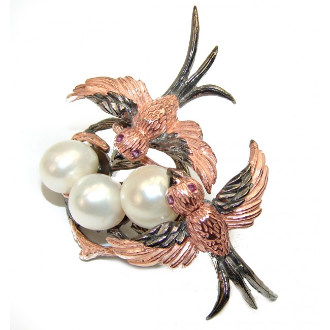 Large Bird nest Real Black Pearl 14K Gold .925 Sterling Silver handmade Pendant Brooch