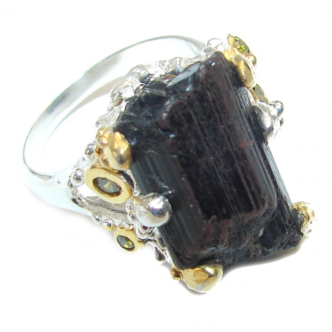 Huge Authentic Rough Tourmaline over 2 tones .925 Sterling Silver Ring size 6 3/4