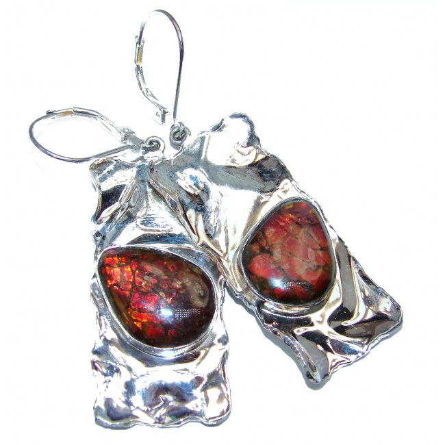Red Aura AAA Fire Ammolite hammered .925 Sterling Silver earrings