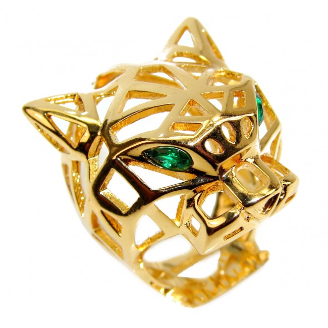 Large Panther's Head Emerald .925 Sterling Silver handcrafted Statement Ring size 6 3/4