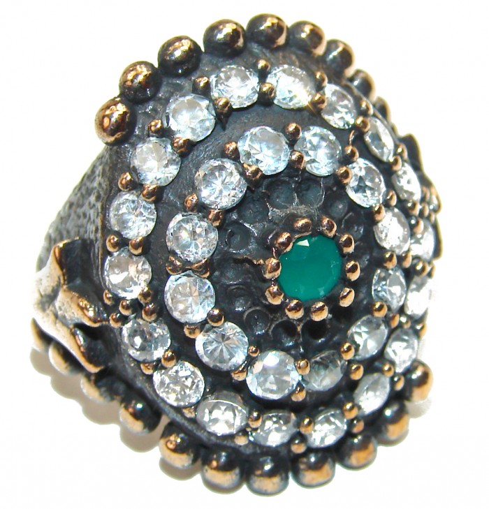 Victorian Style created Emerald & White Topaz Copper over Sterling Silver ring; s. 6 3/4