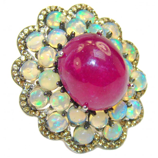 16.3 carat Ruby Ethiopian Opal .925 Sterling Silver handcrafted Large Statement Ring size 7 1/4