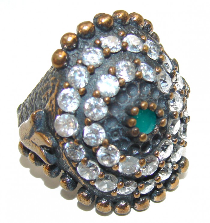 Victorian Style created Emerald & White Topaz Copper over Sterling Silver ring; s. 7
