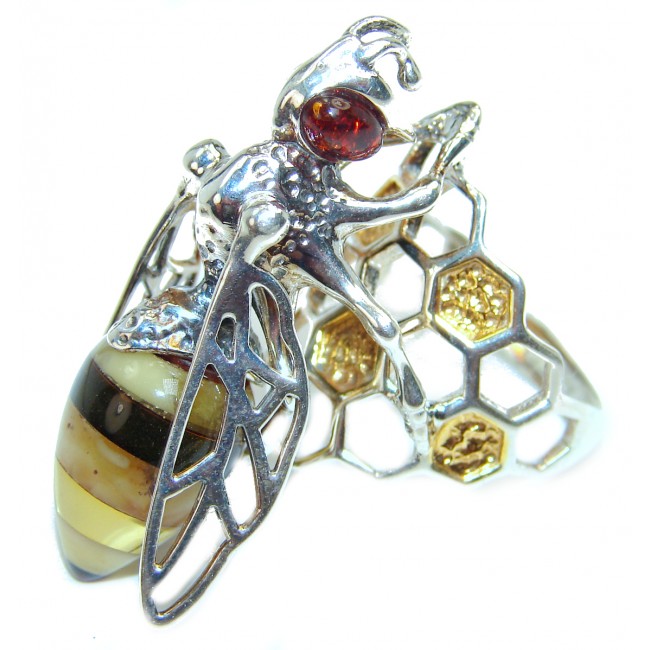 Masterpiece Honey Bee Baltic Polish Amber .925 Sterling Silver handcrafted HUGE ring; s 8 adjustable