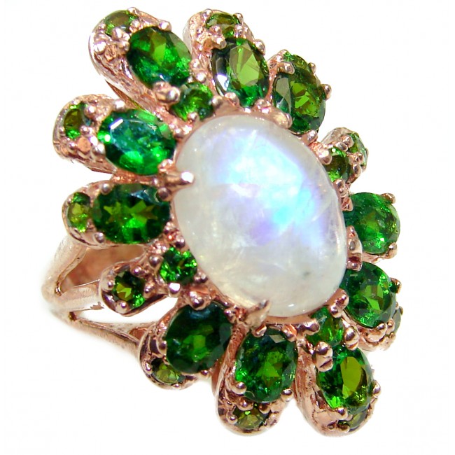 Special Fire Moonstone Chrome Diopside 14K Gold over .925 Sterling Silver handmade ring s. 9