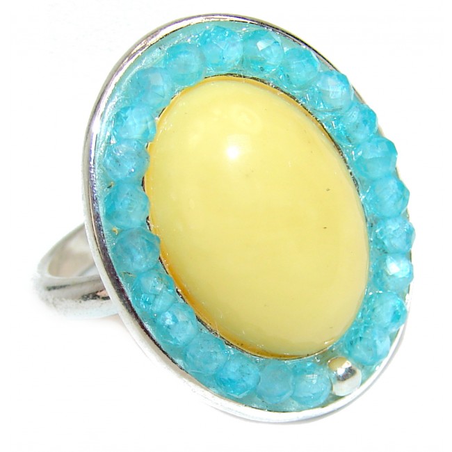 Authentic rare Butterscotch Baltic Amber Aquamarine .925 Sterling Silver handcrafted ring; s. 7 adjustable
