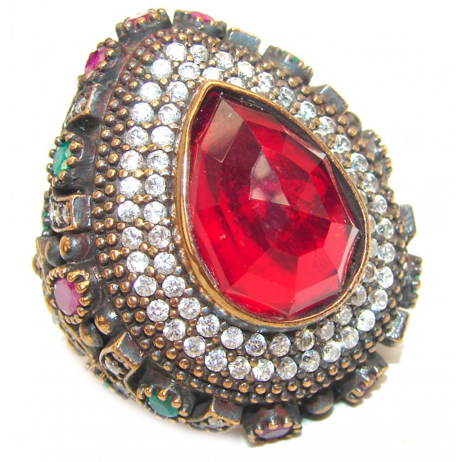 Victorian Style created Ruby & White Topaz Copper over Sterling Silver ring; s. 9