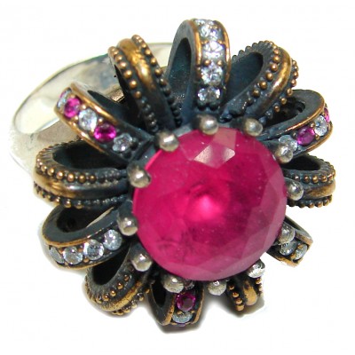 Victorian Style created Ruby & White Topaz Copper over Sterling Silver ring; s. 9 1/4