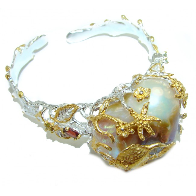 Baroque style Mother of Pearl 18K Gold Rhodium .925 Sterling Silver handcrafted Bracelet / Cuff
