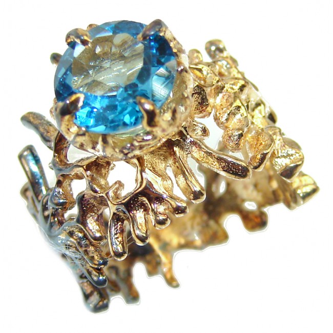 Poseidon Swiss Blue Topaz 18K Gold over .925 Sterling Silver handmade Ring size 5 1/4
