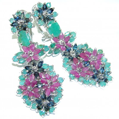 Spectacular Ruby Emerald Sapphire .925 Sterling Silver handcrafted earrings