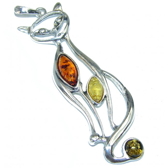 Large Cat Baltic Polish Amber Sterling Silver handcrafted Pendant