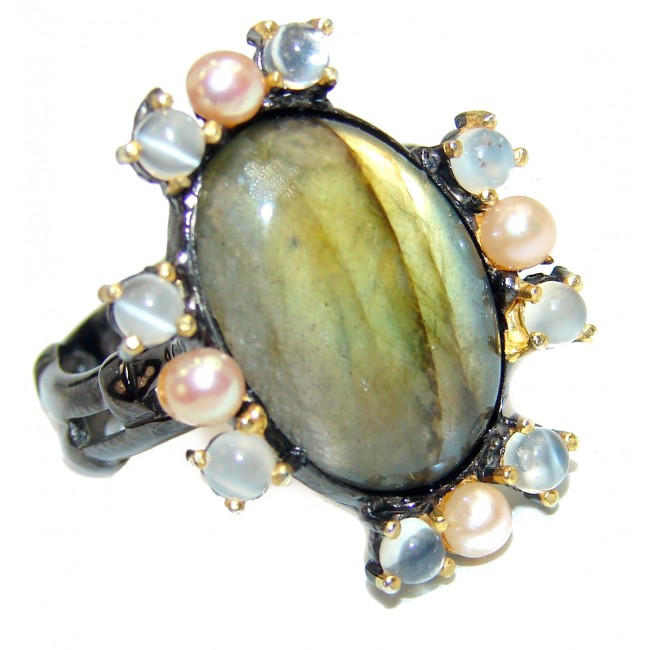 Mesmerizing carved Fire Labradorite 18K Gold over .925 Sterling Silver Bali handmade ring size 8 3/4