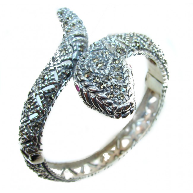 Huge Snake Genuine Marcasite Ruby .925 Sterling Silver handcrafted Bracelet