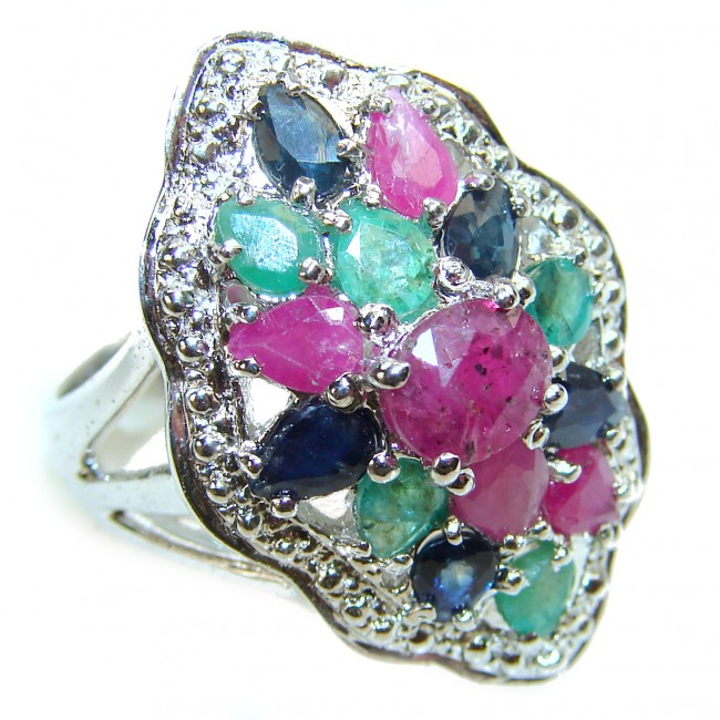 Victorian Style Ruby Emerald Sapphire .925 Sterling Silver ring; s. 8