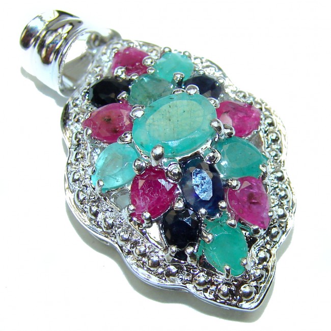 Ruby Sapphire Emerald .925 Sterling Silver handcrafted Huge pendant