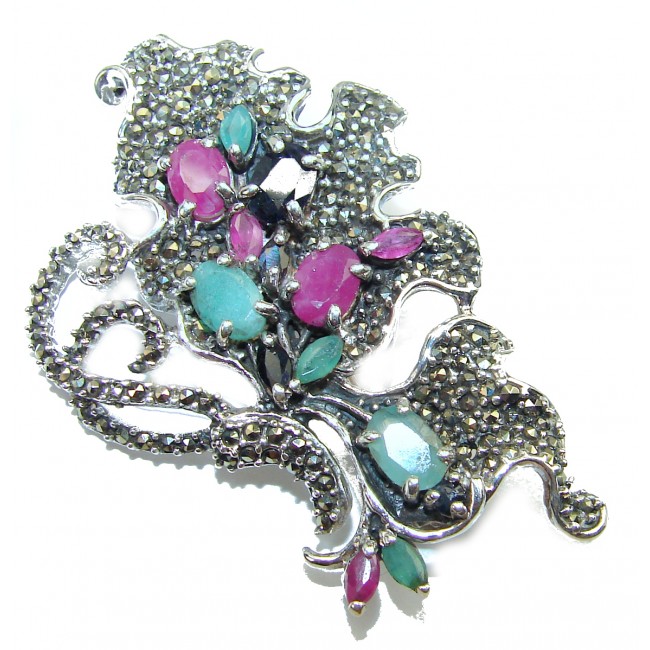 Precious Genuine Ruby Emerald Sapphire .925 Sterling Silver handmade Pendant - Brooch