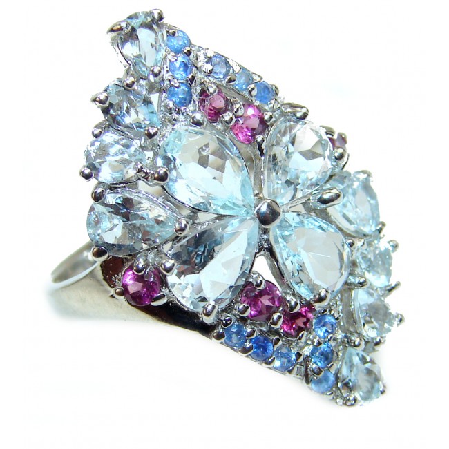 Bouquet of Flowers Authentic Aquamarine .925 Sterling Silver handmade Ring s. 8 1/4