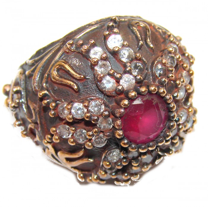 Victorian Style created Ruby & White Topaz Copper over Sterling Silver ring; s. 6