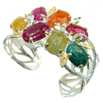 Genuine Ruby Sapphire Emerald 18K Gold Rhodium over .925 Sterling Silver HUGE Bracelet / Cuff