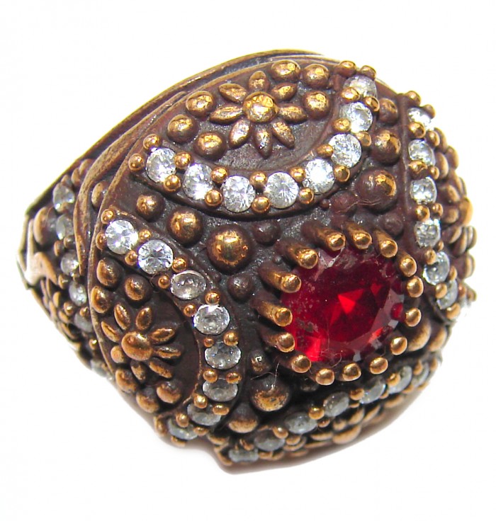 Victorian Style created Ruby & White Topaz Copper over Sterling Silver ring; s. 7