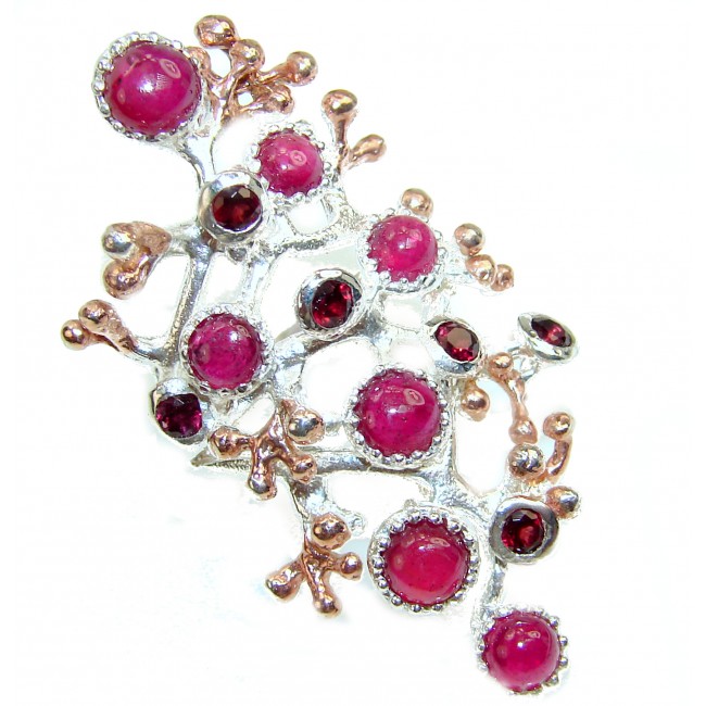 Huge Fabulous Ruby 2 tones .925 Sterling Silver ring; s. 8