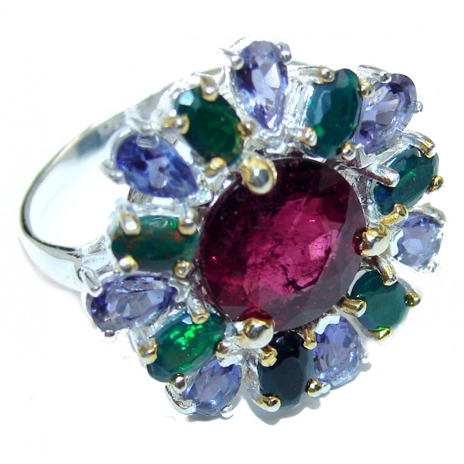 Floral Design Ruby 2 tones .925 Sterling Silver handcrafted ring; s. 8 3/4