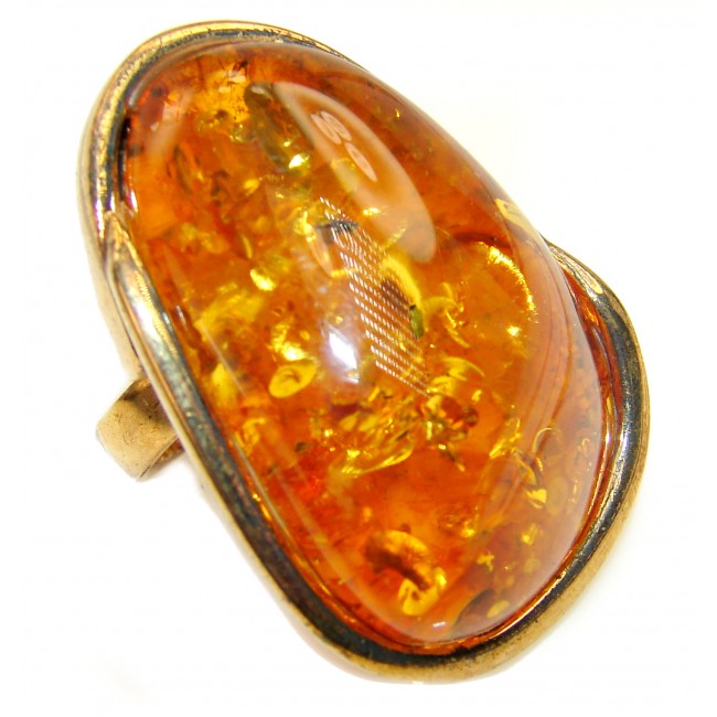 Large Authentic rare Baltic Amber 14K Gold over .925 Sterling Silver handcrafted ring; s. 8 adjustable