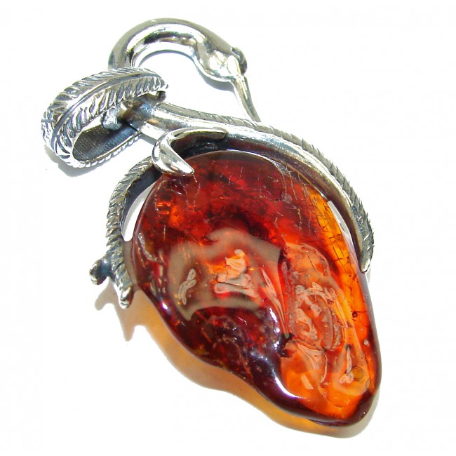 Graceful Swan Baltic Polish Amber .925 Sterling Silver handcrafted pendant