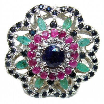 Victorian Style Sapphire Ruby Emerald .925 Sterling Silver ring; s. 8 1/4