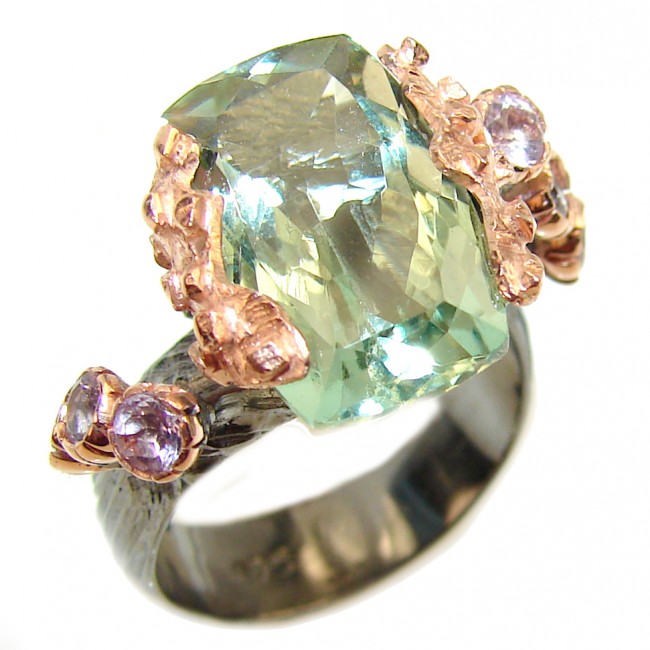 Best quality Green Amethyst 2 tones .925 Sterling Silver handcrafted Ring Size 7