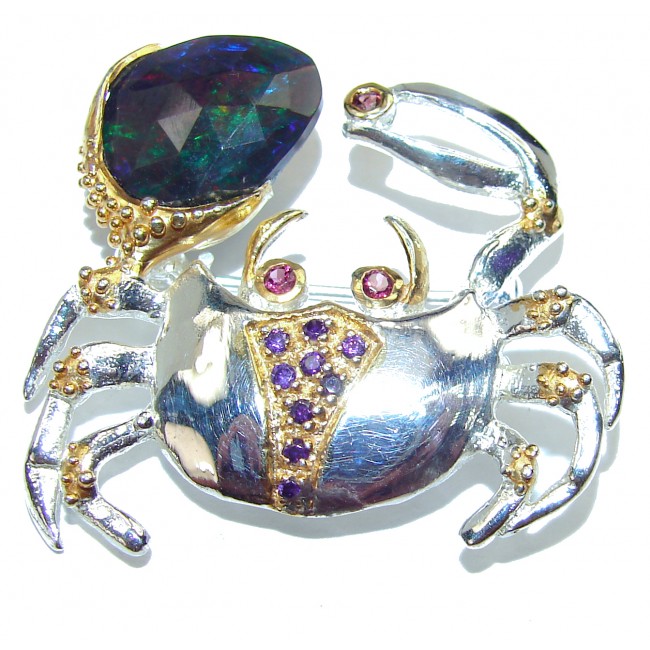 Blue Crab Natural Black Opal 14K Gold over 925 Sterling Silver Brooch