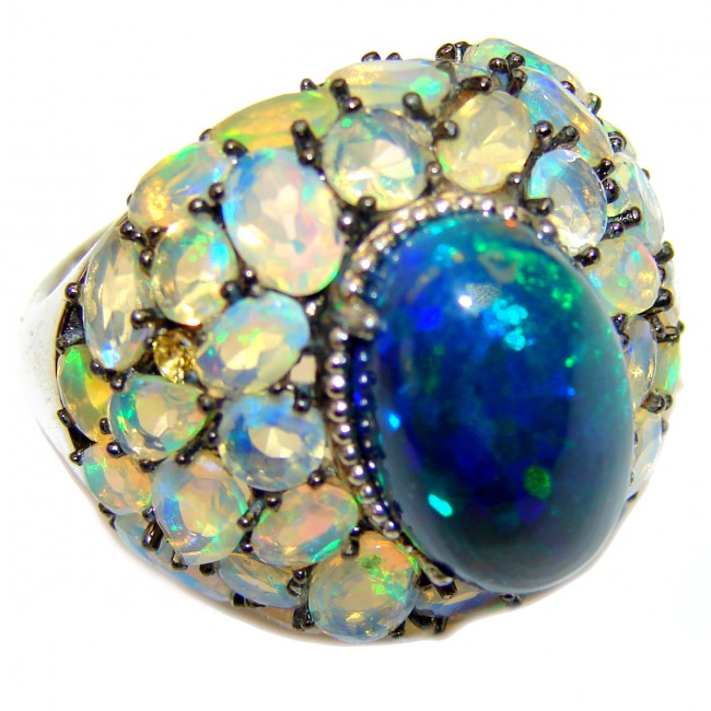 A COSMIC POWER Genuine Black Opal Sapphire 14K White Gold over .925 Sterling Silver handmade Ring size 9