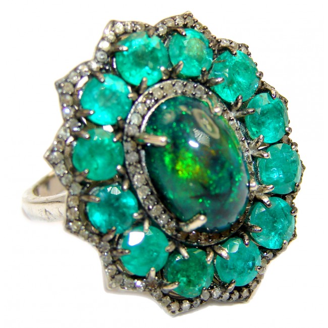 New Galaxy 8.5 carats Black Opal 14K White Gold over .925 Sterling Silver handcrafted Ring s. 9