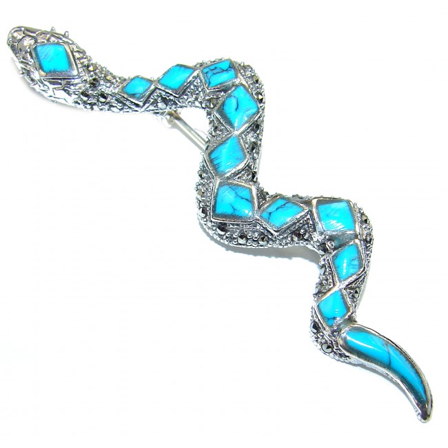 Huge Snake 3 inch long inlay Classy Blue Turquoise Sterling Silver Brooch