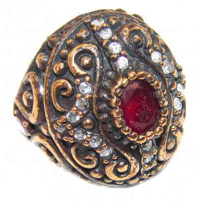 Victorian Style created Ruby & White Topaz Copper over Sterling Silver ring; s. 6