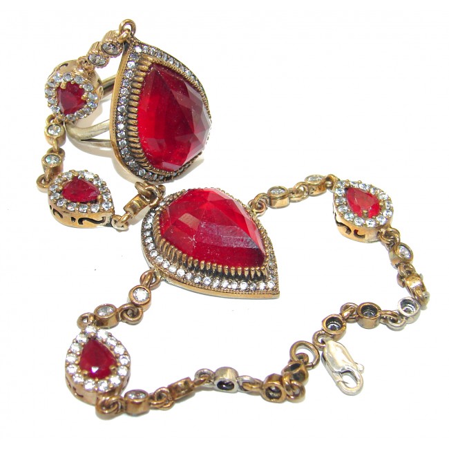 Victorian Style created Ruby & White Topaz Sterling Silver ring and bracelet combo