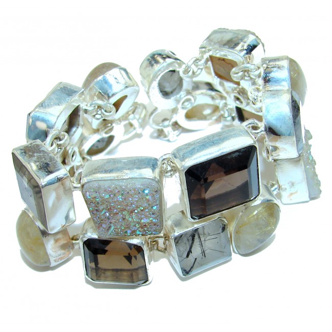 Large 63.8 grams Design Crystal Druzy handcrafted .925 Sterling Silver Bracelet