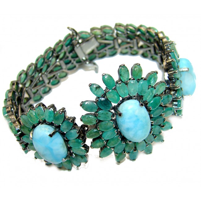One of the kind authentic Larimar Emerald black rhodium over .925 Sterling Silver handmade Bracelet