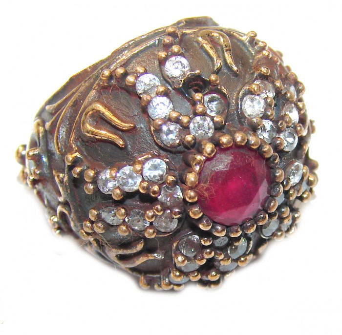 Victorian Style created Ruby & White Topaz Copper over Sterling Silver ring; s. 6
