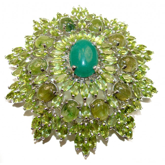 Vintage style Beauty genuine green Jade .925 Sterling Silver handmade HUGE Pendant - Brooch