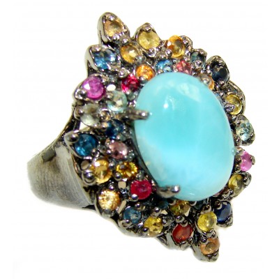 7.6 carat Larimar black rhodium over .925 Sterling Silver handcrafted Ring s. 9