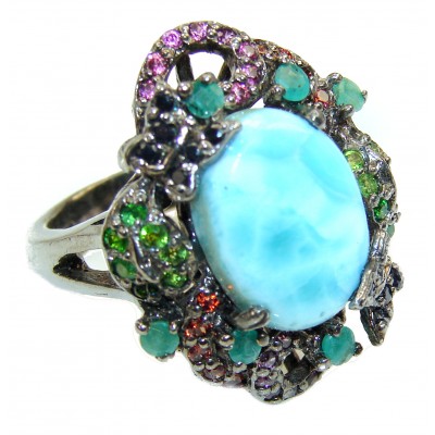 7.6 carat Larimar black rhodium over .925 Sterling Silver handcrafted Ring s. 8