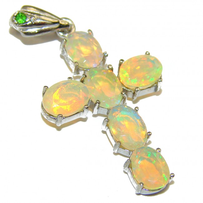 Natural Rainbow Luster Fire Opal .925 925 Sterling Silver Cross Pendant
