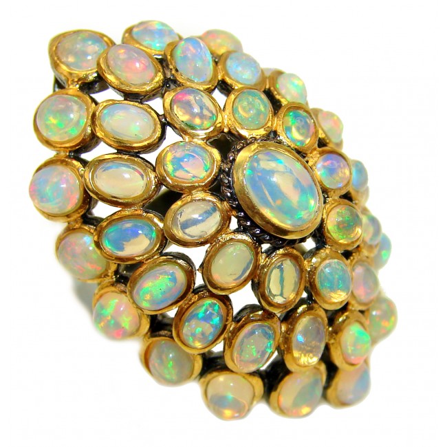 Precious 48.5 carat Ethiopian Opal 18K Gold over .925 Sterling Silver handcrafted ring size 6 1/2